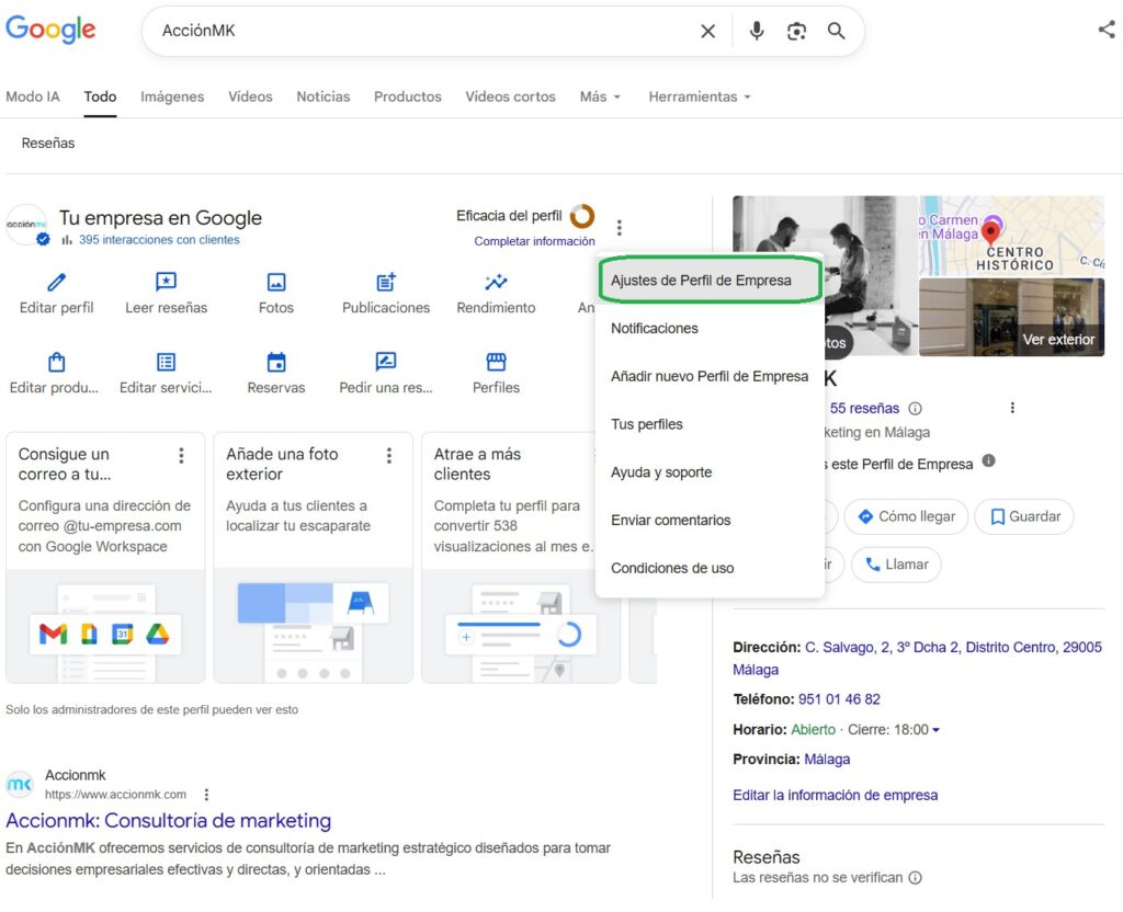 3. Selecciona "Ajustes del Perfil de Empresa" (o "Ajustes del perfil de empresa")